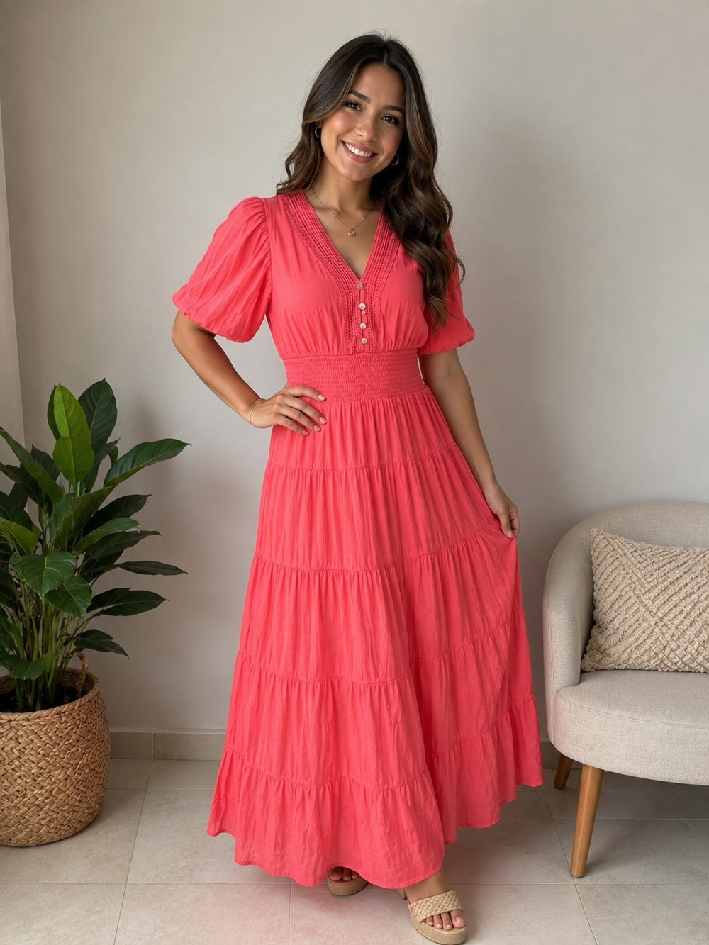Smocked Waist Coral Maxi Dress with V-Neck